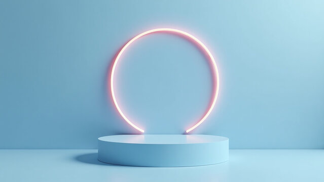 empty blue room features pedestal neon ring backdrop minimalist pastel autumnal setting vector cylinder