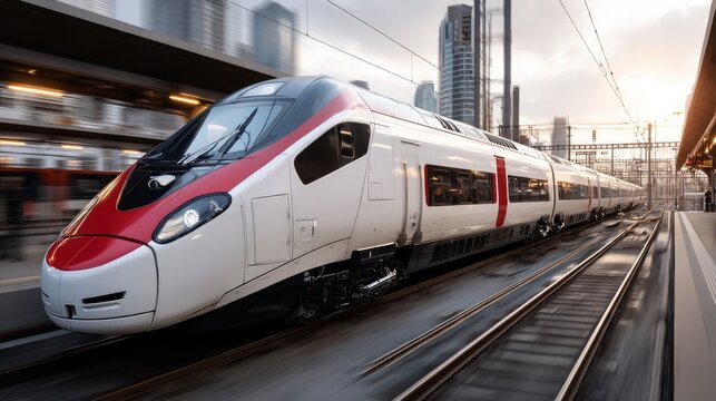 A high-speed train glides swiftly along tracks, framed against a stunning sunset and urban skyline, showcasing modern engineering - Powered by Adobe