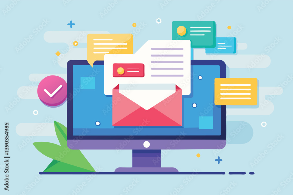 Poster illustration of a desktop computer with an open email and multiple notifications.