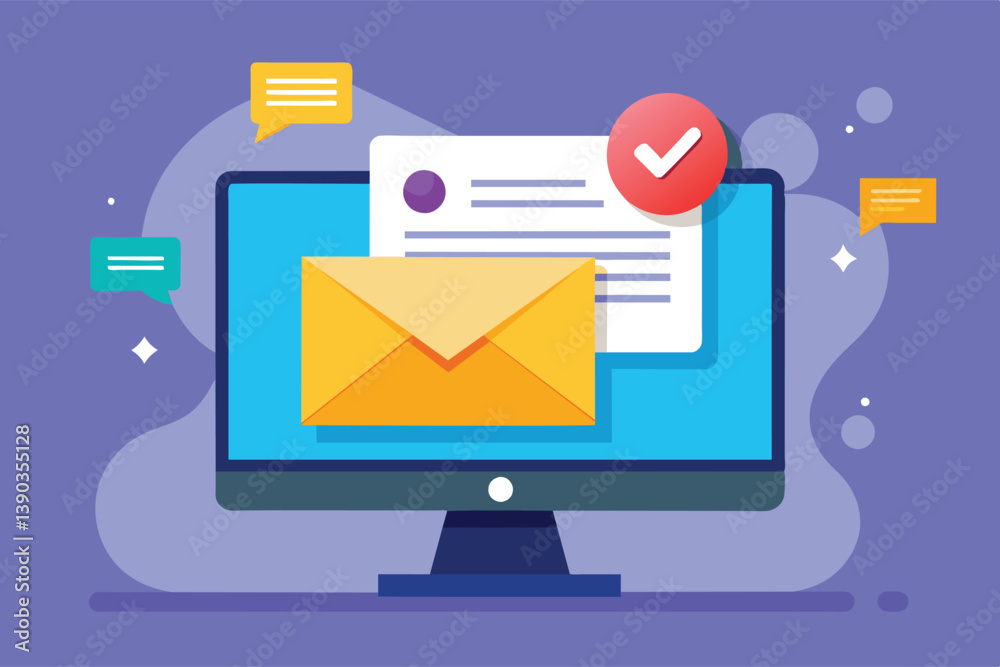 Aufkleber a digital desktop computer displaying an open email and a checkmark icon, indicating a message has b