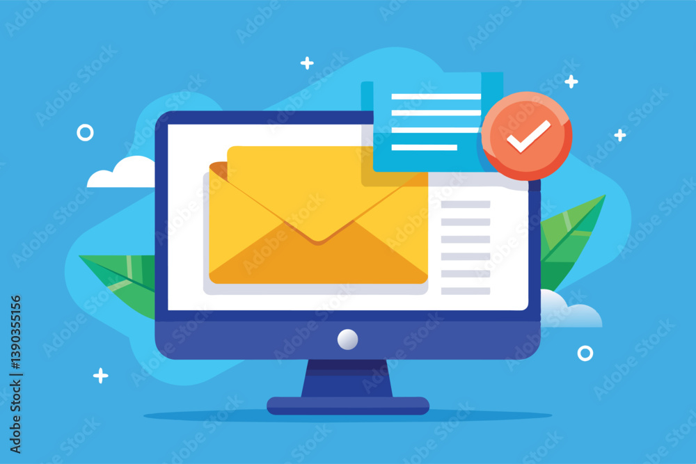 Poster illustration of a computer monitor displaying an email envelope with a checkmark icon, signifying a 