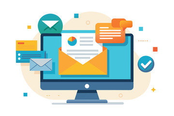 An illustration depicting a computer screen showing an open email with a chart and a message inside.