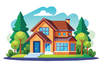 An illustration of a two-story suburban house with a green lawn, trees, and a blue sky with a white cloud.