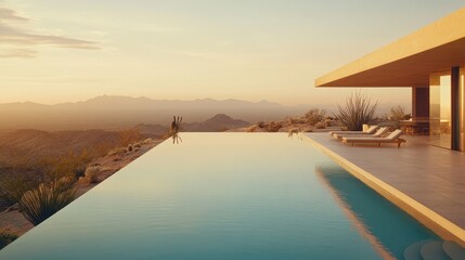 Fototapeta premium Serene Desert Oasis with Infinity Pool Against Sunset Sky and Mountain View