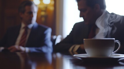 Steaming cup of coffee sits on table while two politicians in suits having a discussion in background, possibly during a coffee break in congress or parliament