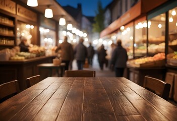 Warm Wood Table Surface Close-up. Inviting Atmosphere, Cozy Interior Space, Softly Blurred Background Creates Depth, With Hints Of Shops, Stalls. Natural Beauty.