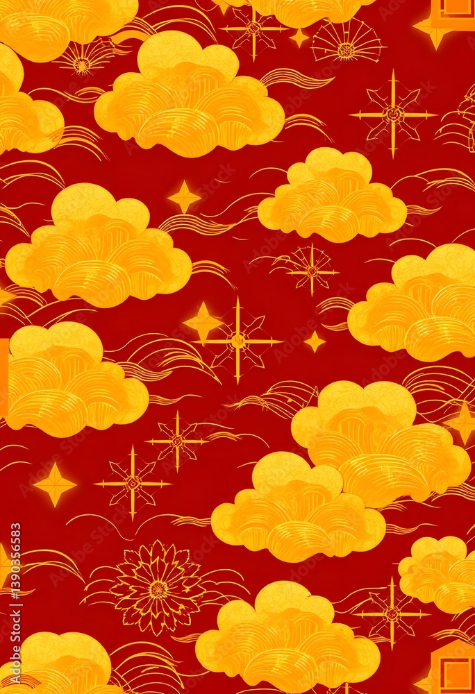 Aufkleber golden cloudscape design, warm colors abound. geometric patterns enhance depth. evokes harmony and b
