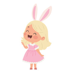 Cute little girl in a pink dress with bunny ears. Easter, spring. Vector illustration
