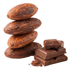 Cocoa beans and dark chocolate pieces stacked together showing the process from bean to bar
