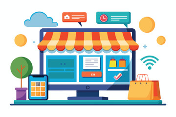An illustration of an online store website with a digital storefront awning, shopping bags, and a smartphone.