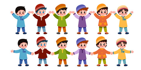 Muslim Kids Holding Hand Together and Hugging to Celebrate Festival 