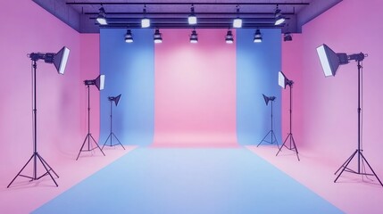 Professional photography studio setup with seamless background and studio lighting