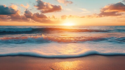 Ocean sunset with waves on sandy beach.