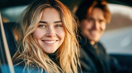Obraz premium A beautiful woman smiles brightly, sitting in a car with a friend, enjoying the moment.
