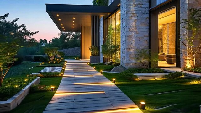 Modern House with Illuminated Pathway at Dusk