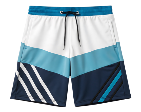 A pair of casual shorts featuring a minimalistic design, with a white upper section and a blue lower section,