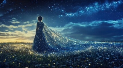 A woman in a flowing dress gazes at the starry night sky