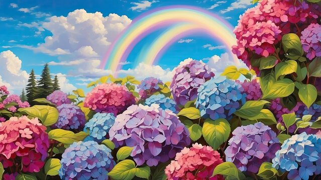 A vibrant scene of a garden featuring clusters of blue and purple hydrangea flowers