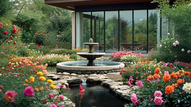 Elegant Garden with Fountain and Modern House Backdrop