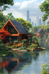 Obraz premium Lakeside cabins nestled amidst autumn foliage, modern city skyline in background