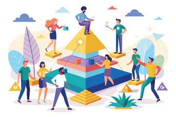 A colorful illustration of diverse people working together on a multi-layered pyramid structure. They appear to be collaborating on a project, representing teamwork and success.