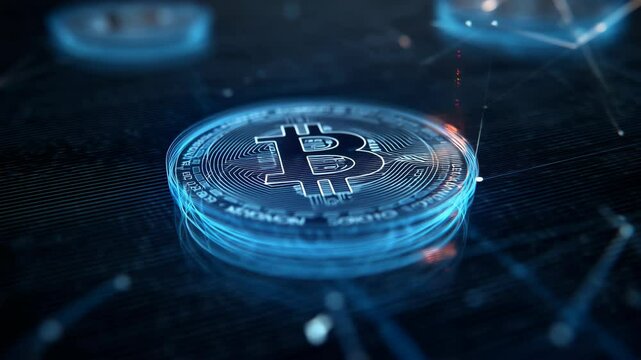 Floating Hologram blue light forming circle coin for Tech bitcoin