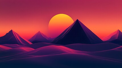 Sunset over stylized pyramids.