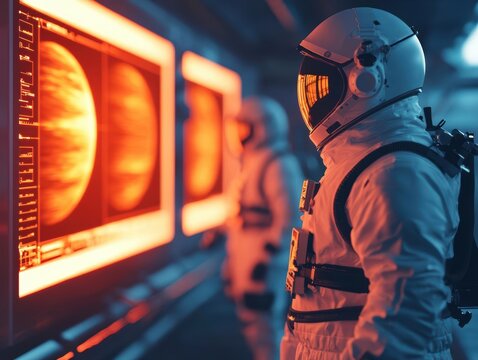 Scientists in a futuristic lab aboard a spacecraft, studying holographic exoplanetary models