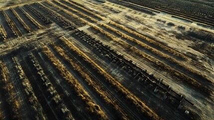Aerial view of a barren landscape with rows of scorched earth, highlighting the impact of environmental changes and natural disasters.