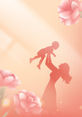 Mother's Day vertical illustration of carnations and mother and son in the sun