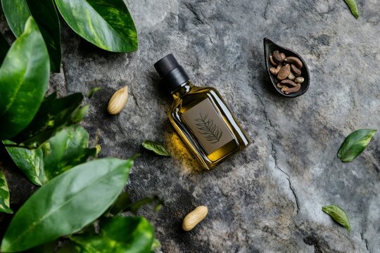 A bottle of macauba oil placed on a natural stone surface, surrounded by green leaves and nuts, minimal product shot with tropical aesthetic