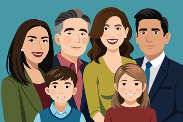 Obraz premium A cartoon illustration of a family portrait. The family consists of two parents, a son, and a daughter. They are all smiling and looking at the viewer.