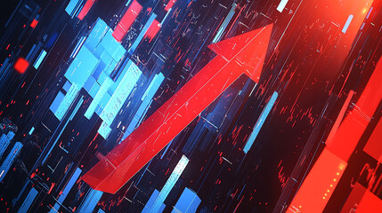 Red arrow rising through a digital landscape of blue and red blocks, symbolizing growth, progress, and technological advancement in a dynamic environment