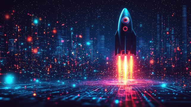 A futuristic digital illustration, a sleek black laptop hovering gracefully beside a vibrant rocket, its sleek design and powerful presence radiating an aura of innovation and boundless potential, 
