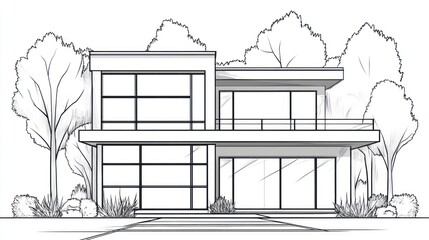 Fototapeta premium Modern House Blueprint, Front View, Trees, Landscaping, Design Concept, Architectural Drawing, for Home Plans, Stock Photo