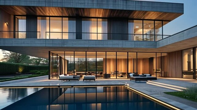 Modern Villa with Pool and Outdoor Lounge Area at Sunset