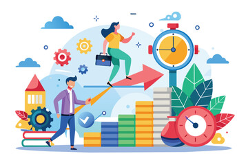 An illustration shows two professionals working together to achieve goals. One person walks on coins, while the other rides a red arrow toward a clock.
