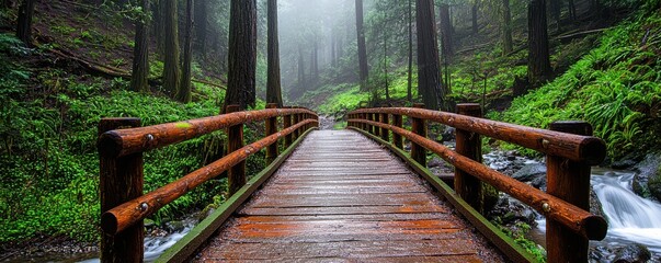 Public Balance Treatment Style. Serene wooden bridge in a misty forest landscape.