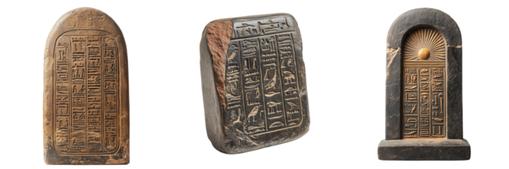 Ancient Stone Tablets with Hieroglyphics and Inscribed Symbols on Transparent Background