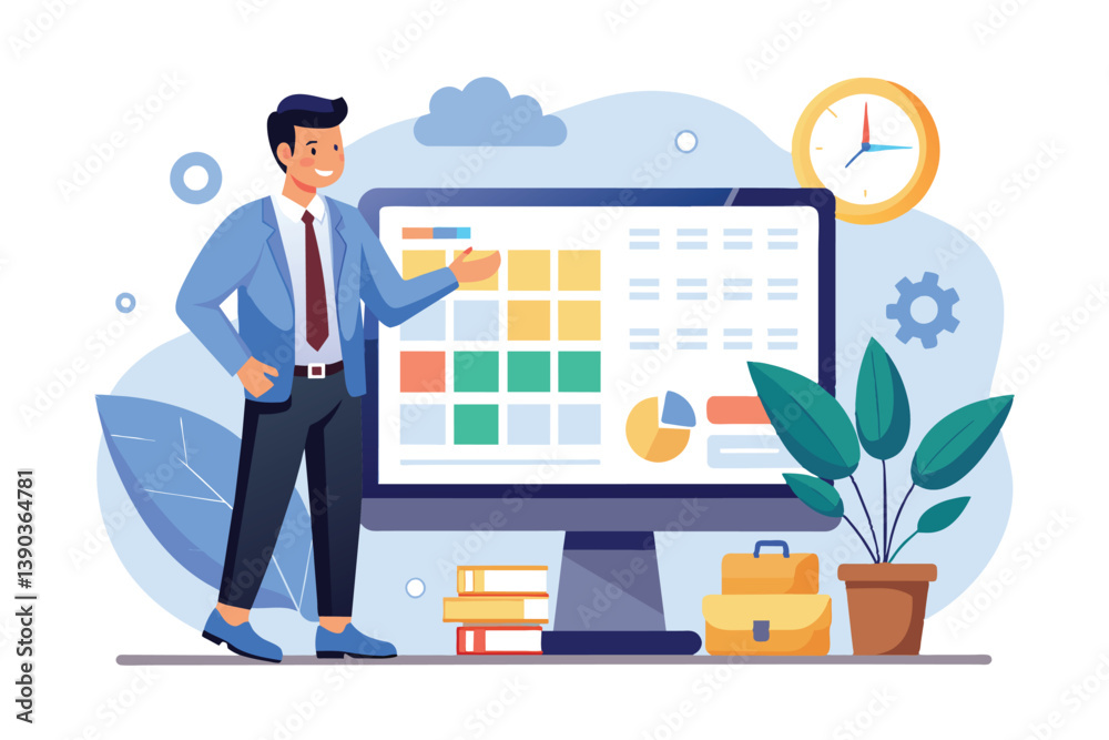 Poster a man in a blue suit presents a project schedule on a computer screen with a colorful grid and pie c