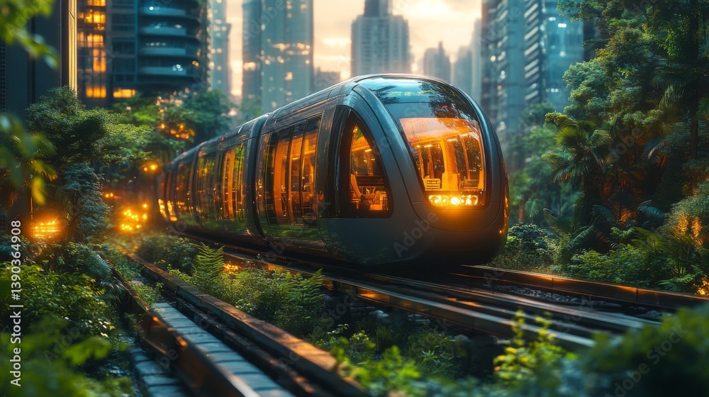 Aufkleber a smarttrain glides smoothly on tracks surrounded by lush greenery and skyscrapers, emphasizing the 