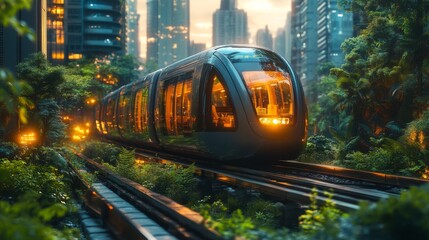 Naklejka premium A smarttrain glides smoothly on tracks surrounded by lush greenery and skyscrapers, emphasizing the integration of nature and advanced mobility technology in urban settings.