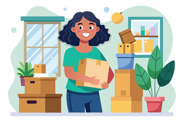 A woman with curly hair is smiling and holding a cardboard box in a room. There are other boxes stacked on a table and a plant in a pot.