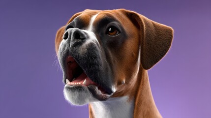 Boxer Dog Portrait: A striking portrait of a Boxer dog, showcasing its alert expression, distinctive facial markings, and muscular build, set against a vibrant gradient background.