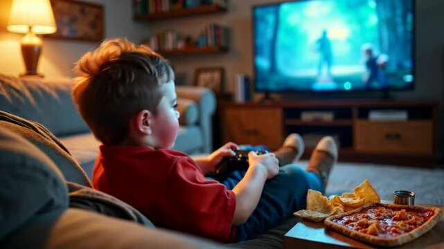 Child lying on the sofa playing videogames, using control and eating junk food like chips and pizza. Unhealthy lifestyle, game addiction that can lead to anxiety, depression, dream disorders and more