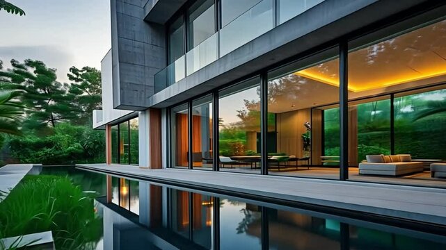 Modern House with Reflective Glass Facade by the Pool