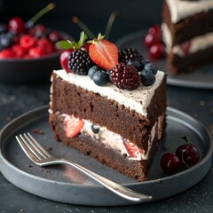 Decadent chocolate layer cake, fresh berries, whipped cream frosting, dark background, slice on gray plate, silver fork, moody lighting, food photography, high detail, sharp focus.