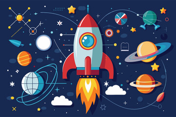 A colorful illustration of a rocket launching into space, surrounded by planets, stars, and other celestial objects.