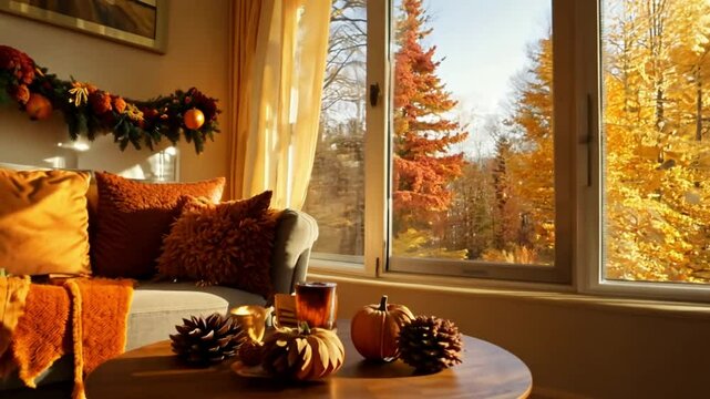 Cozy Living Room with Fireplace and Warm Sunset Light