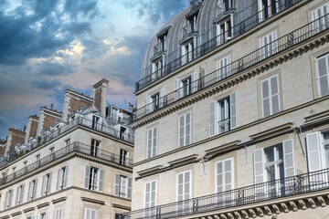 Paris, buildings in the Marais, in the center, in a typical street
